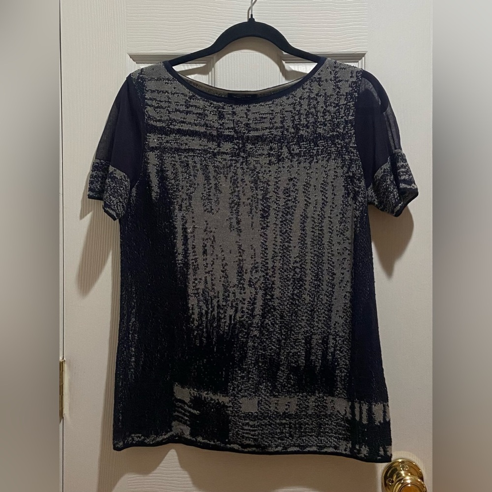 Lafayette 148 Shirt Womens S Blue Grey Sheer Sleeve.